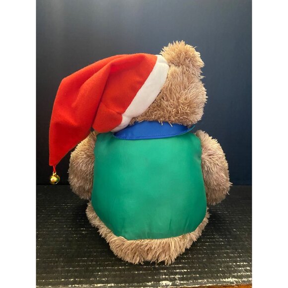 Hallmark Plush North Pole Teddy Bear Stuffed Animal Santa Hat Green Puffer Vest - Picture 4 of 7